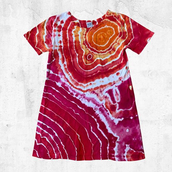 Girls Ice Dyed Short-sleeve Dress - Tie Dye A-line - Handmade (Kid's Size 10) - Picture 1 of 10